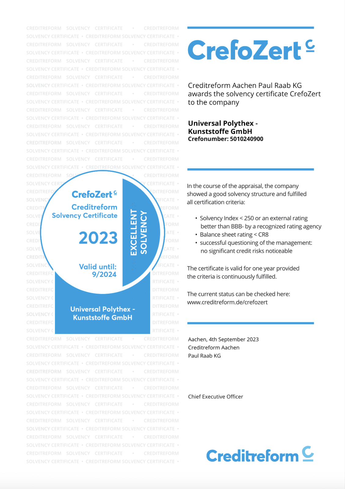 Das Creditreform Bonitätszertifikat für die Universal Polythex Kunststoffe GmbH!