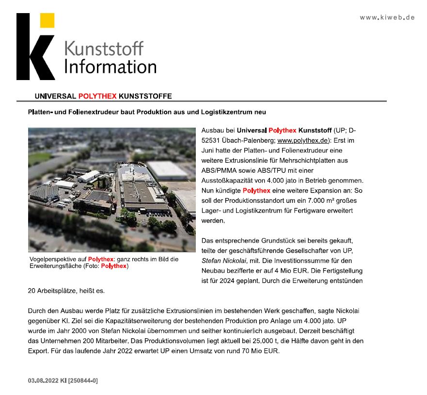 KI:  Platten- und Folienextrudeur baut Produktion aus und Logistikzentrum neu